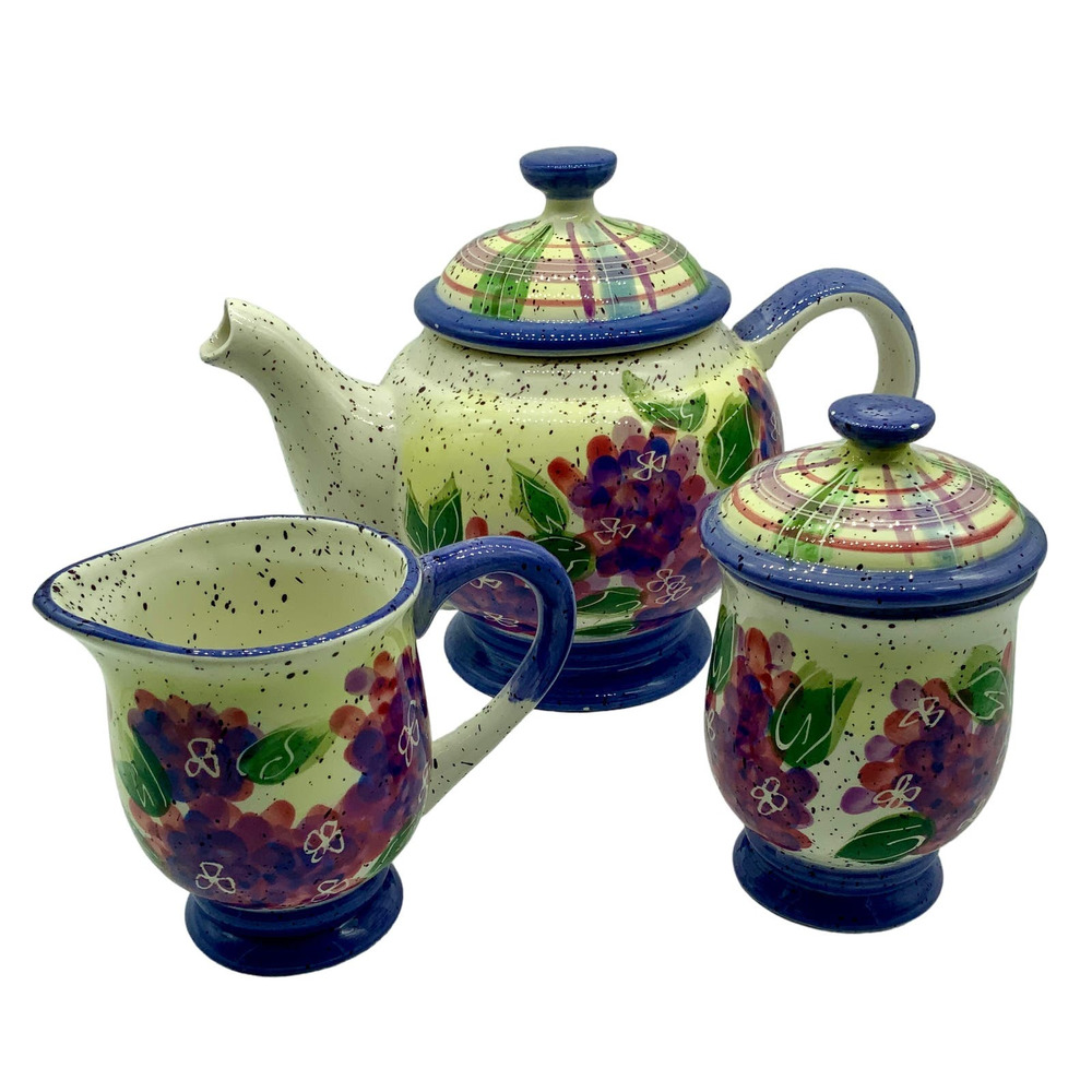 1998 Julie Ueland 3 Piece set Teapot, sugar & creamer Hydrangea style by Enesco